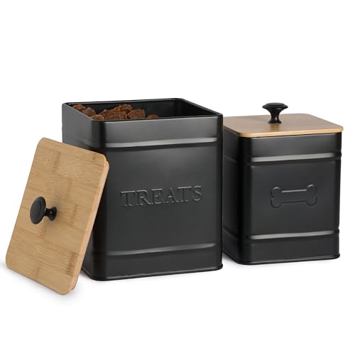 Autumn Beginnings Dog Treat Container Airtight (Set of 2) Dog Treat Jar Matte Black w/Airtight Bamboo Lid, Dog Treat Container for Countertop holds up to 20 cups, Dog Treat Jars for Kitchen Counter