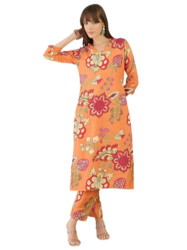 Image of INDO ERA Women's Straight Cotton Blend Floral Printed Kurta & Pant Set | Co Ord Set For Women Stylish