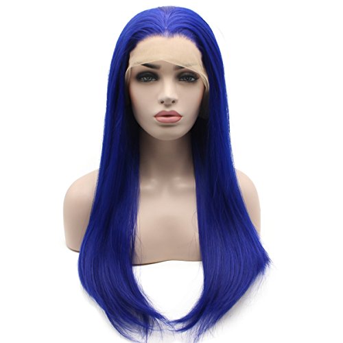 Iewig Long Straight Blue Synthetic Lace Front Half Hand Tied Wig Half Hand Tied