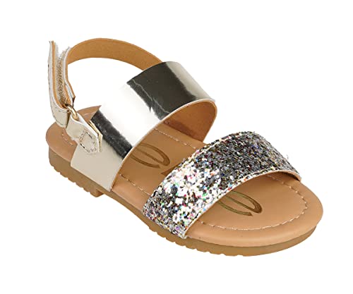 Image of bebe Girl's Sparkly and Strappy Glitter Leatherette Flat Sandals with Adjustable Strap (Toddler /Little Kid)