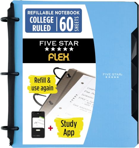 Image of Five Star Flex Refillable Notebook + Study App, College Ruled Paper and 1 Inch TechLock Ring Binder with Pockets, Tabs and Dividers, 200 Sheet Capacity, Pacific Blue (293280AD2), (Pack of 6)