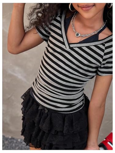 Girl's Y2K Striped T Shirts Short Sleeve V Neck 2 in 1 Halter Tops Fitted Summer Tee3