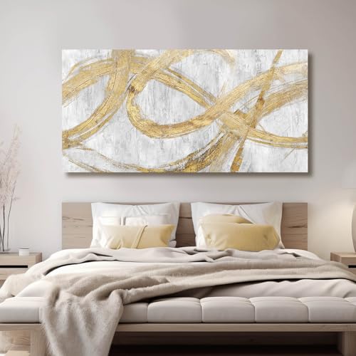Image of VAYIMDH Decorative Wall Art Line Painting Prints on Canvas White Living Room Wall Decor 24 inchx 48 inch Abstract Artwork Gold Picture Wall Decor for Bedroom