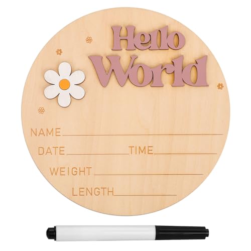 NQEUEPN Wooden Hello World Newborn Sign, Baby Announcement Plaque, Cottage/Country Rustic Style, 15x15cm, Wood & Plastic
