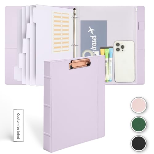 Etzul Hardcover 3 Ring 1 Inch Leather Binder, Letter Size Dividers With Tabs, PVC Zipper Pouch, Professional Organizer, Faux Lavender Purple Leather