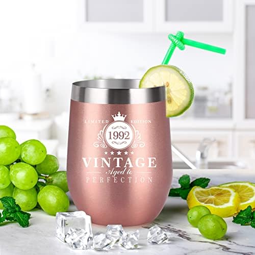 1992 - 31th Birthday Gifts for Women, 12oz Stainless Steel Wine Tumbler, Reusable Travel Mug Double Wall Vacuum Cup with Lid, Ideas Gifts for Her, Mom, Dad, Wife, Husband, Rose Gold