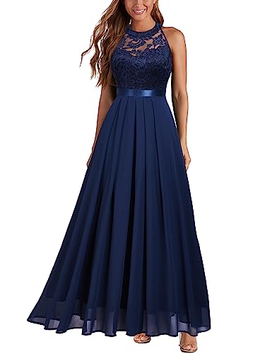 Miusol Women\'s Halter Neck Vintage Floral Lace Evening Party Dress (Small, Navy Blue)