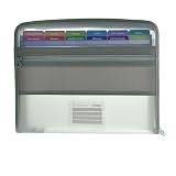 Carpeta Clasificadora VISION con 12 Divisiones y estuche frontal para guardar tus utiles + 80 Adhesivos, Laterales Reforzados - by Office box. (Gris)