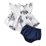 Newborn Baby Girl Cotton Ruffled Short Sleeve Bodysuit Tops + Floral Shorts Baby Girl Clothes Set (Q Blue-Floral, 12-18M)