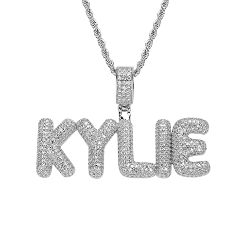 Custom Letters Name Necklace Iced Out Name Necklace Personalized with 24 Inch Rope Chain Customized Name Pendant Initials Necklace Hip Hop Necklace for Men Women