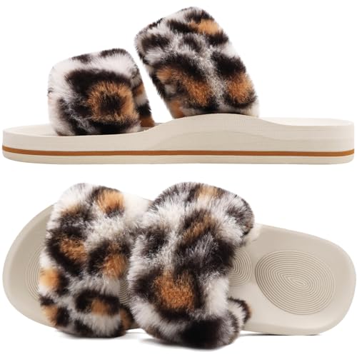 Image of COFACE Fuzzy Slippers for Women Open Toe Orthopedic Slippers Arch Support Fax Fur Slides Plantar Fasciitis Woman House Slippers Indoor