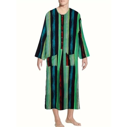 Thatrich Mens Long Sleeve Nightshirt Striped Colorful Robe Muslin Kaftan Full Length Nightgown One Piece Robes Lightweight