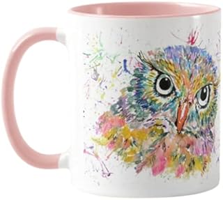 Vixar Owl Watercolour Rainbow Art Coloured Mug Cup, Gift, Birthday, Work, Office, Christmas Tea Coffee (Pink)