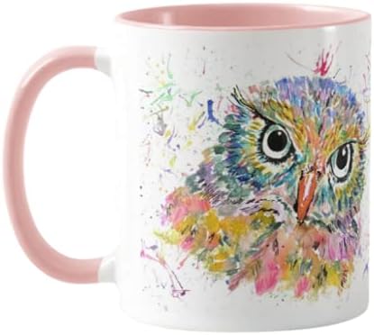 Vixar Owl Watercolour Rainbow Art Coloured Mug Cup, Gift, Birthday, Work, Office, Christmas Tea Coffee (Pink)