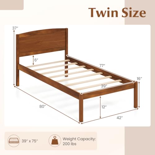 Image of GIANTEX Twin Size Wooden Bed Frame with Curved Headboard, Wood Slat Support