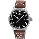 FEIN AUSGEARBEITET BIS INS KLEINSTE DETAIL – robustes silberfarbenes Edelstahlgehäuse (Ø: 42,5 mm) mit längenverstellbarem braunem Lederarmband (mit Dornschließe); qualitätsstarkes Automatikwerk: DP 9015; 24 Steine; 42-Stunden-Gangreserve. Wasserdichtigkeit: 5 bar.