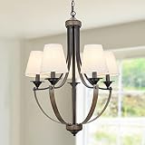 WOAEKR 23.8" Modern Farmhouse Chandelier with White Fabric Shade, 5-Light Adjustable Height Dining R