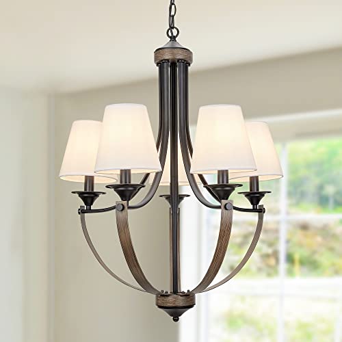 Woaekr 23.8" Modern Farmhouse Chandelier With White Fabric Shade, 5-Light Adjustable Height Dining Room Light Fixtures Over Table, Rustic Hanging Lighting For Kitchen Bedroom Foyer Living Room #TOP11