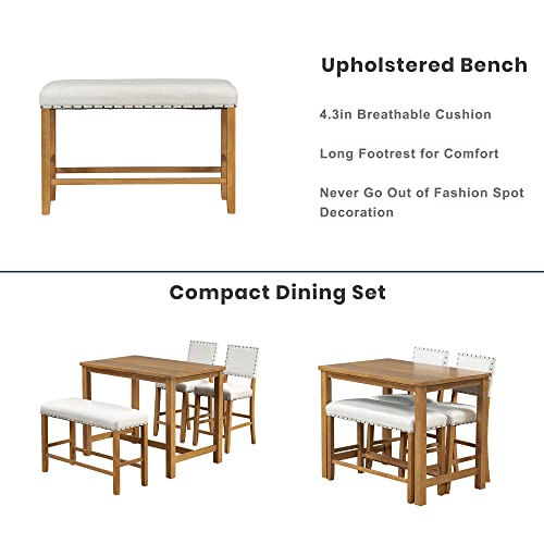 4 Piece Dining Set Kitchen Table Set Counter Height Table Set With One Rectangle Table And 2 Cushioned Chairs And 1 Bench For 4 Persons Dining Room Table Set For Small Place, Natural+Beige #TOP1
