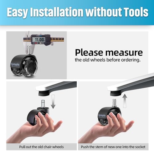 Sytopia Office Chair Wheels Replacement Set of 25, 11x22mm Pin Office Chair Castors for Hardwood Floor, Carpet, Smooth and Silent Gliding, Safe for All Floors (Black, Not Compatiable with 1KEA)