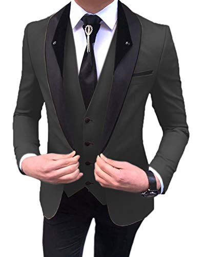 Terno masculino 3 peças slim fit lapela xale lisa smoking para formatura casamento noivo (blazer + colete + calça), Preto, 34