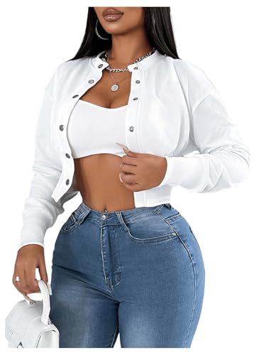 SOLY HUX Women's Cropped Jacket Button Down Mock Neck Long Sleeve Casual Jacket Outerwear