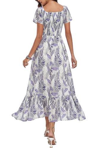Image of Summer Smocked Boho Maxi Dress for Women 2026 Short Sleeve Floral Smocked Flowy Ruffled Beach Vacation Dresses Lightweight