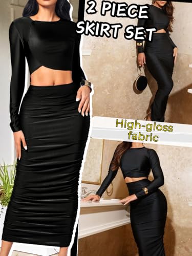 Kaei&Shi Two Piece Skirt Set for Women,Long Sleeve Top Maxi Skirts,Date Night Outfits Going Out Cocktail Party2