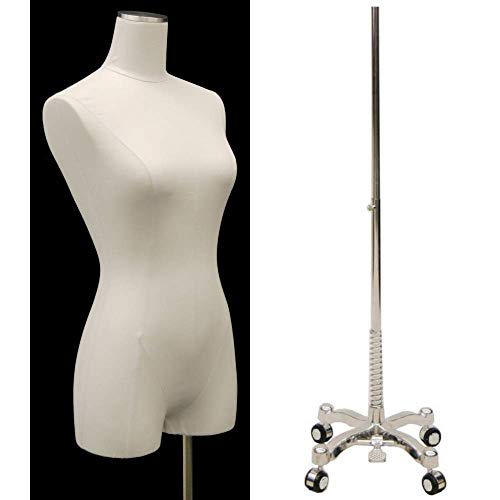 Adult Female White Linen Pinnable Dress Form Mannequin 3/4 Torso with Thighs and Rolling Chrome Base #F1WL-WCDX