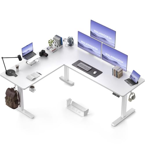 Image of WALKINGDESK 75x61 Inches Reversible L Shaped Standing Desk Height Adjustable with Cup Holder, Electric Corner Computer Workstation for Home Office, Sit Stand up Gaming Desk with Cable Management White