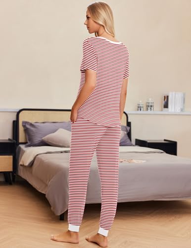 Image of Ekouaer Pajamas for Women Set 2 Piece Fall Lounge Sets Short Sleeve Pjs Joggers Long Pants Sleepwear with Pockets