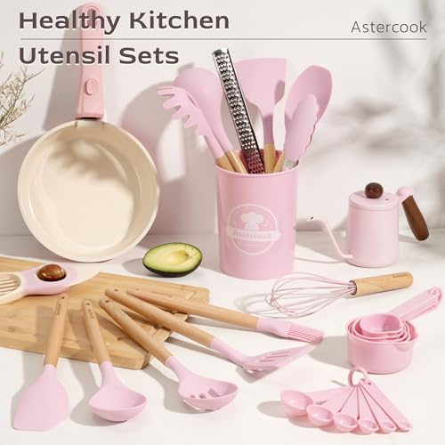 Image of Astercook Kitchen Utensils set, 39 PCS Silicone Cooking Utensils Set with Wooden Handle, 446F Heat Resistant Food Grade Utensil Sets, BPA Free Kitchen Gadgets Tools Set for Nonstick Cookware (Pink)