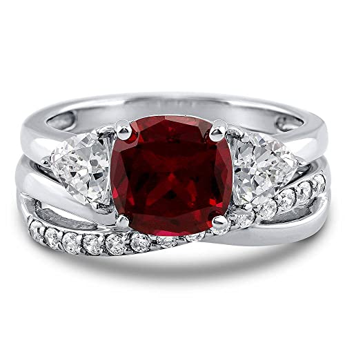 BERRICLE Sterling Silver 3-Stone Wedding Engagement Rings 3 Carat Simulated Ruby Cushion Cut Cubic Zirconia CZ Infinity Ring Set for Women, Rhodium Plated2