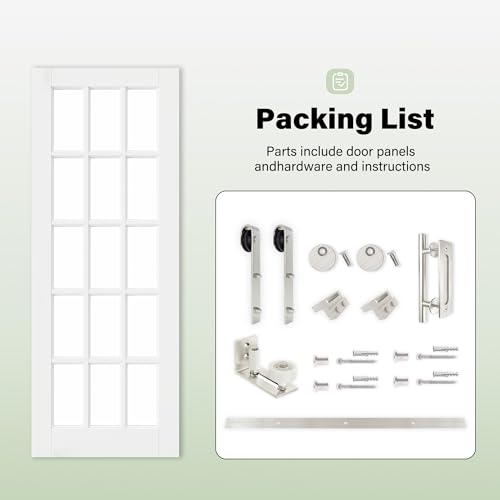 Image of 36 inch x 80 inch 15-Lite Tempered Clear Glass Barn Door with 72 inch Track Kit, Solid Core MDF Sliding Barn Doors for Closet Kitchen Bedroom Living Room, Easy to Clean & Modern Style, Nickel-Plated Hardware Kit