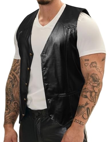 Barry.Wang Mens Leather Vests Casual Western Cowboy Vest V-neck Jacket Lightweight Waistcoat