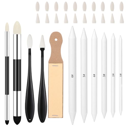 DOPENSPI Lot de 31 stylos éponges, taille-crayons en papier abrasif, estompes et éponges pour estompes, bâtons de mélange, croquis, dessin, estompes,...
