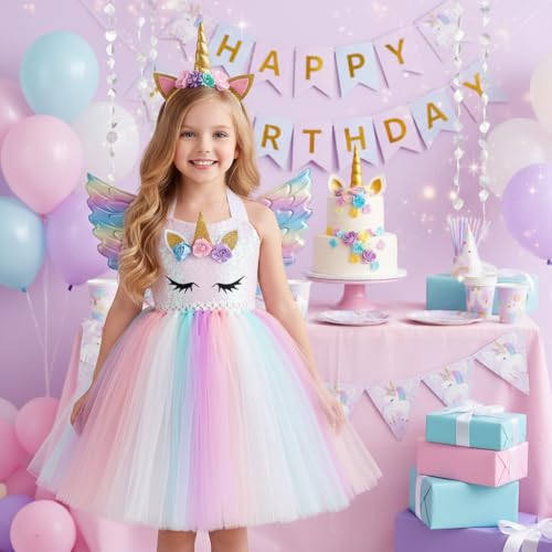Sincere Party Girls Unicorn Tulle Tutu Dress Fluffy Pink Unicorn Birthday Dress with Headband and Wings 2T-4T - Image 3
