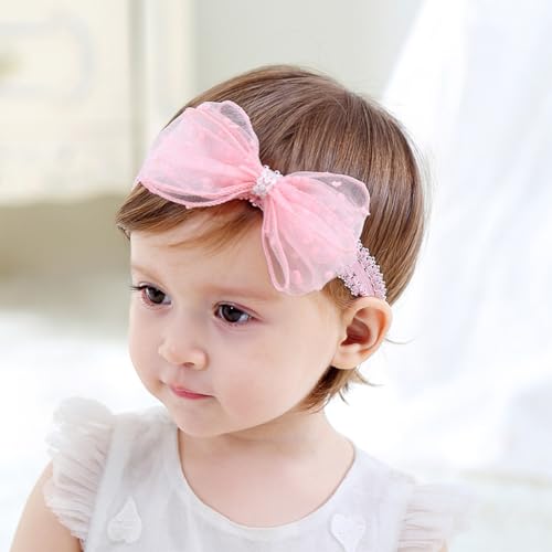 Baby Girl Bows Lace Headband Soft Cotton Tulle Hair Band Princess Infant Head Wrap Turban Ribbon Bow-knot Elastic Hair Accessory for Newborn Infant Toddler (Pink, Standard size)