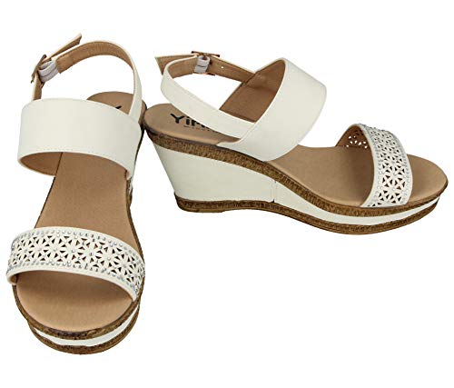 Yinka Shoes Sandales compensées en similicuir à bout ouvert avec bride arrière découpé au laser pour femme Taille 36-48 - Blanc - blanc, 5 UK Cover