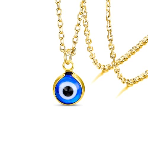 VASSAGO Collar de Ojo Malo para Mujeres y Hombres, Collar de Colgante de Ojo Malo de Acero Inoxidable, Cuerda de Cuero Linda, Amuleto de Protección de la Suerte Boho Pequeño, Joyería Espiritual de