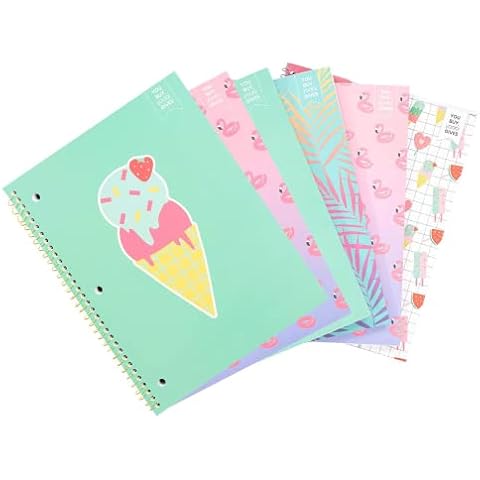 Yoobi College Ruled 8 x 10.5” Spiral Notebook Set – Bulk 6-Pack of 1 Subject Notebooks, Variety of Cute Designs – 100 Perforated 3-Hole Punched Sheets, For School, Office & Home Cover