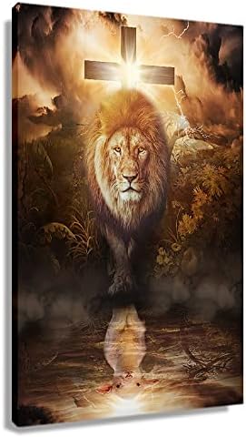 Lion And Lamb Wall Art Vintage Framed Artwork Lion Of Judah Wall Art Canvas Abstract Painting Christian Posters Decorations For Bedroom Framed (12x18 inch)