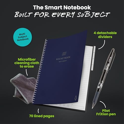 Image of Rocketbook Multi-Subject Reusable Smart Notebook, Letter 8.5x11, Dark Blue | 70 Lined Pages, 4 Adjustable Dividers for Organize Classes, Projects and Notes