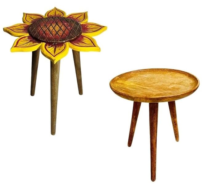 Daim Combo of 2 Beautiful Antique Wooden fold-able Side Table/end Table/Plant Stand/Stool Living Room Kids Play Furniture Table (Sunflower) (Curve Table)