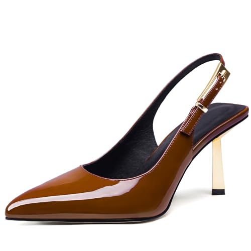 Pasuot Slingback Heels for Women - Brown Closed Toe Stiletto Metallic Heel, Pointed Toe Patent Leather Thin High Heeled Sandals for Women Ladies Dress Formal Office 3.1", Not for Wide Feet Size 84