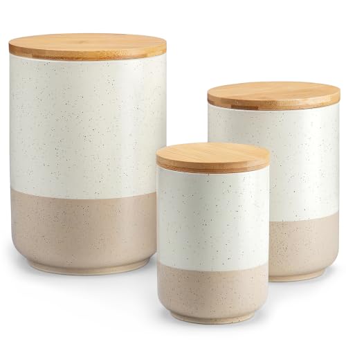 vancasso Sabine Kitchen Canister Set of 3, Ceramic Food Storage Containers with Airtight Wood Lids, Countertop & Pantry Organization for Flour, Sugar, Coffee, Tea & Snacks