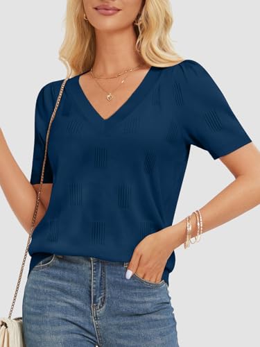 Image of ATHMILE Summer Tops for Women 2025 Short Sleeve V Neck Sweaters Dressy Casual Blouses Lightweight Thin Knit Fashion Shirts