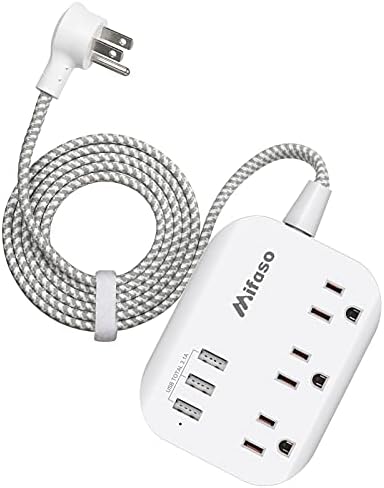 USB Power Strip, Flat Plug Power Strip Extension Cord with 3 Outlets 3 USB Ports(Smart 3.1A), 5ft Braided Power Cord, ETL Listed Compact for Cruise Ship, Travel, Home, Office