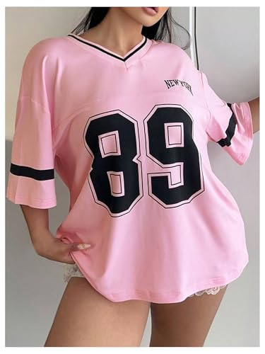 Verdusa Women's Plus Size Oversized Jersey Shirt Graphic Tees V Neck Short Sleeve Color Block Tops4