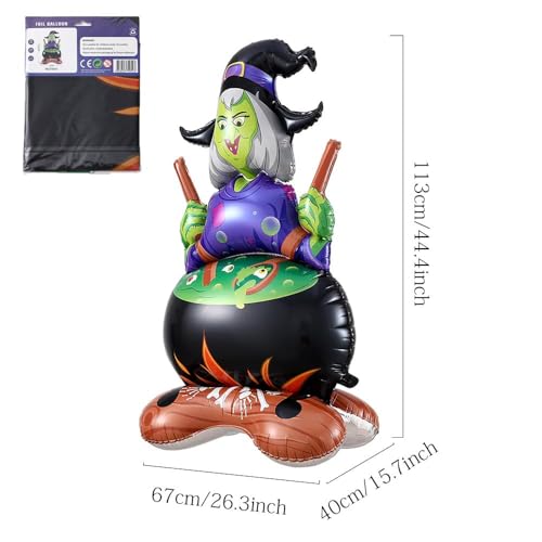 Image of AMFIN (Pack of 1) Self Standing Halloween Witch Cauldron Foil Balloon - 44 Inch Large Inflatable Witch with Cauldron Decoration -Multi